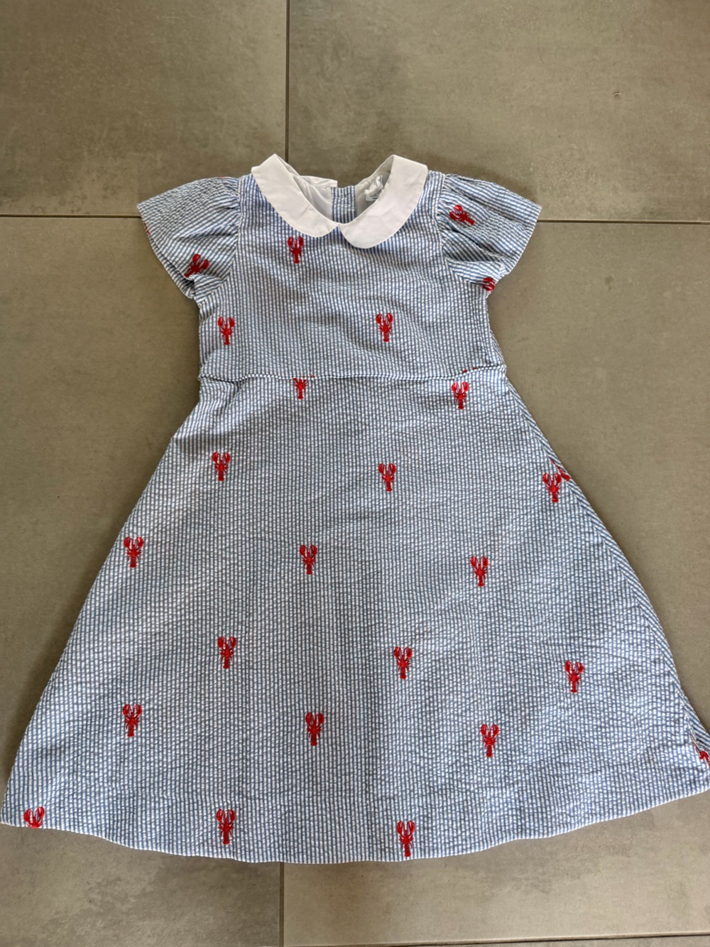 PIPING PRINT- Girls' Blue Seersucker Dress with Red Lobster Embroidery
